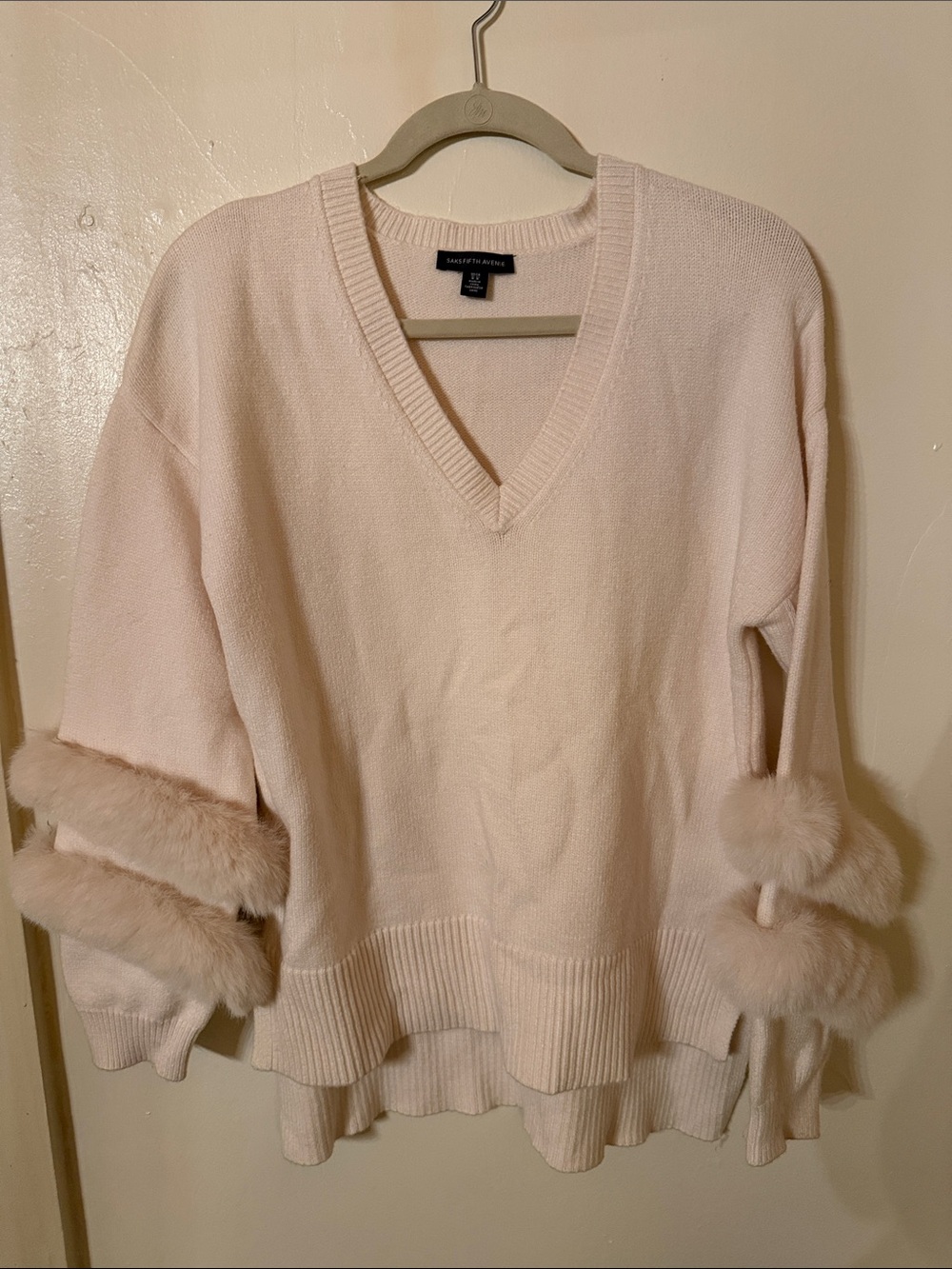 Saks Fifth Avenue Blush Faux-Fur Trim V-Neck Sweater